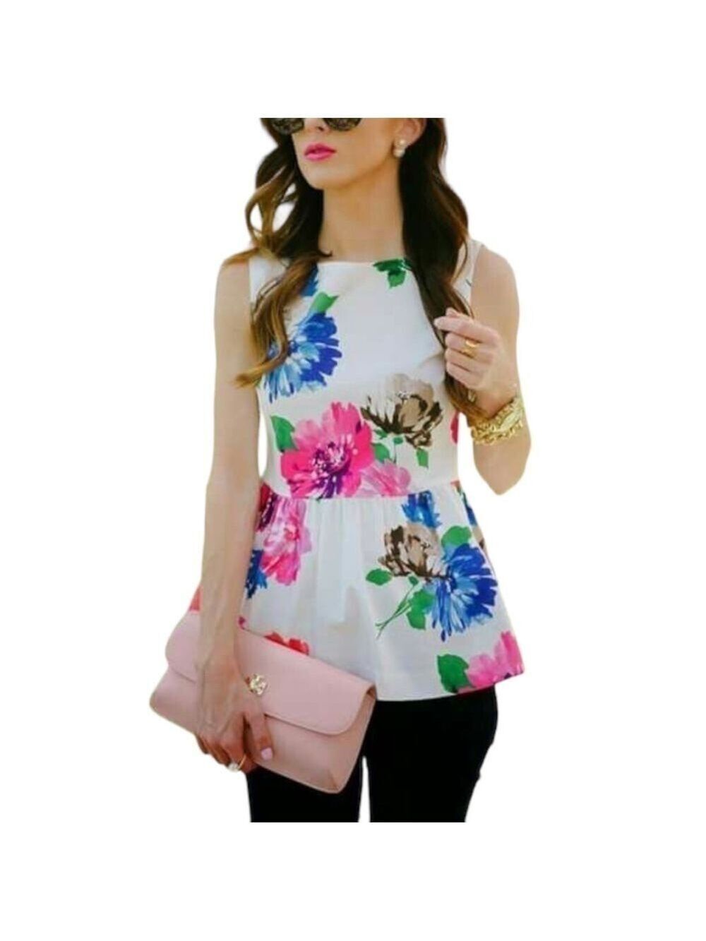 Kate Spade New York Thalia Floral Sleeveless Peplum Top Blouse in Pink & White
